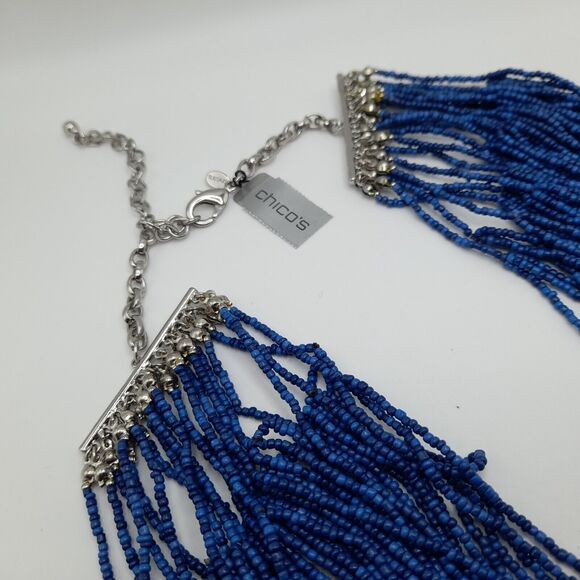 Chico's Blue Seed Bead Multistrand Necklace, 30", New With Tags, Silver Tone - Picture 3 of 15